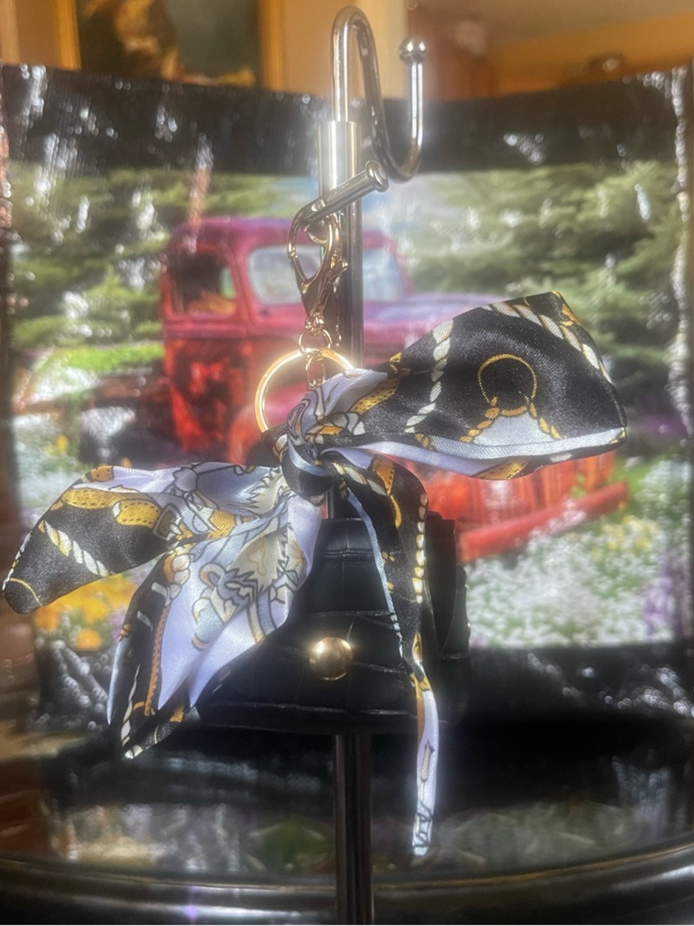 Black Faux Leather Bag Charm with Black & White Scarf Accent